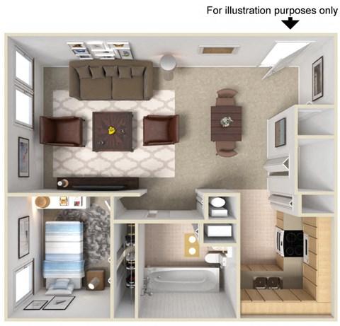 a 3d rendering of a small apartment with a bathroom and living room